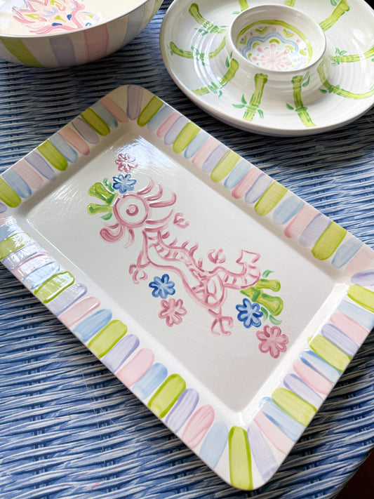 Handpainted Mahjong Serving Platter 15” Rectangle