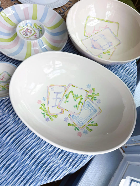 Hand painted Mahjong Serving Bowl Large