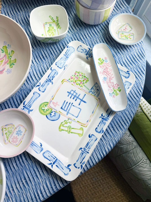 Handpainted Mahjong Serving Platter 15” Rectangle - Design 2