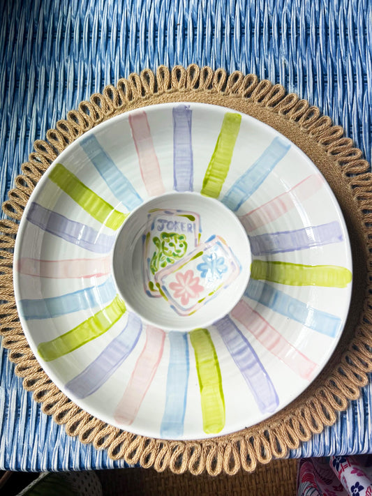 Hand painted Mahjong Chip & Dip Server Large Striped Tiles