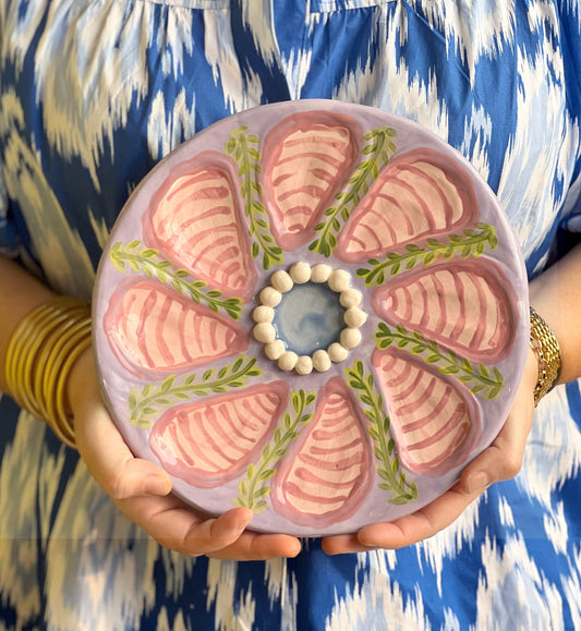Hand Built Oyster Plate 9" in Lavender and Pink with Beaded Center