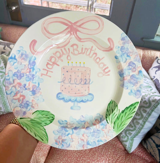 Birthday Plate - Cake and Hydrangea Border- Second Design
