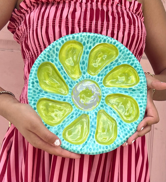 Hand Built Oyster Plate 9" in Mint Brush Stroke