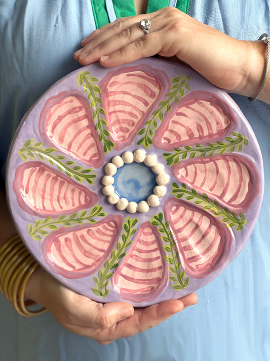 Hand Built Oyster Plate 9" in Lavender and Pink with Beaded Center