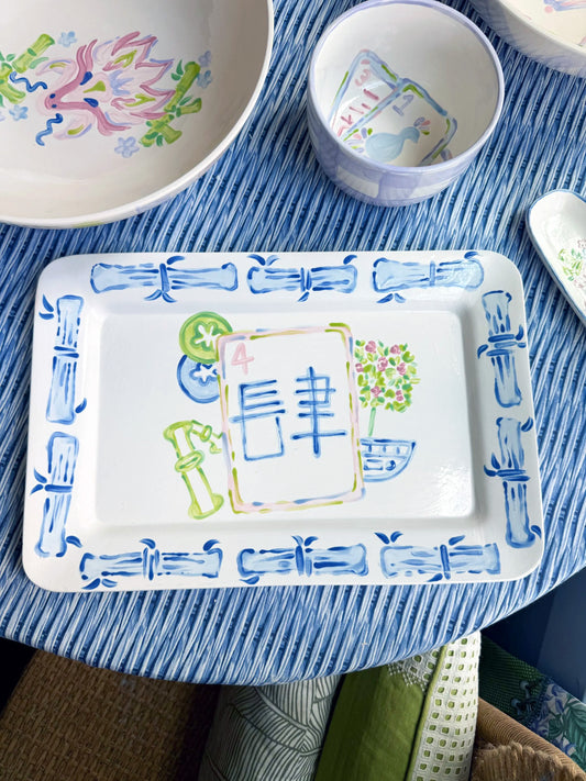 Handpainted Mahjong Serving Platter 15” Rectangle - Design 2