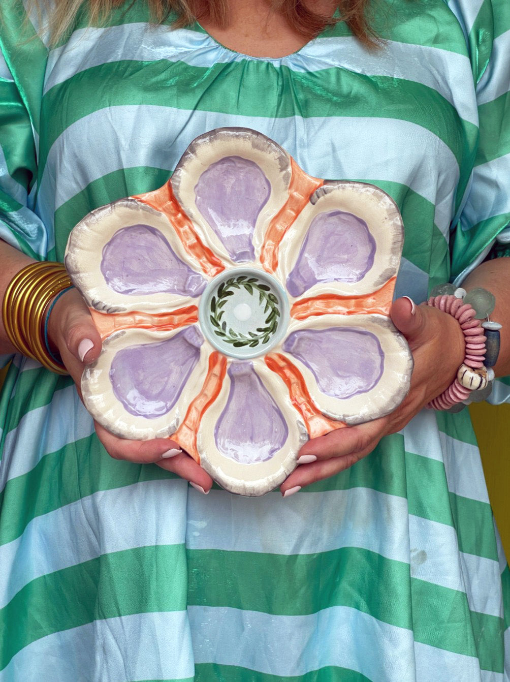 Hand Painted Cast Oyster Plate The Pearl - Lavender and Orange