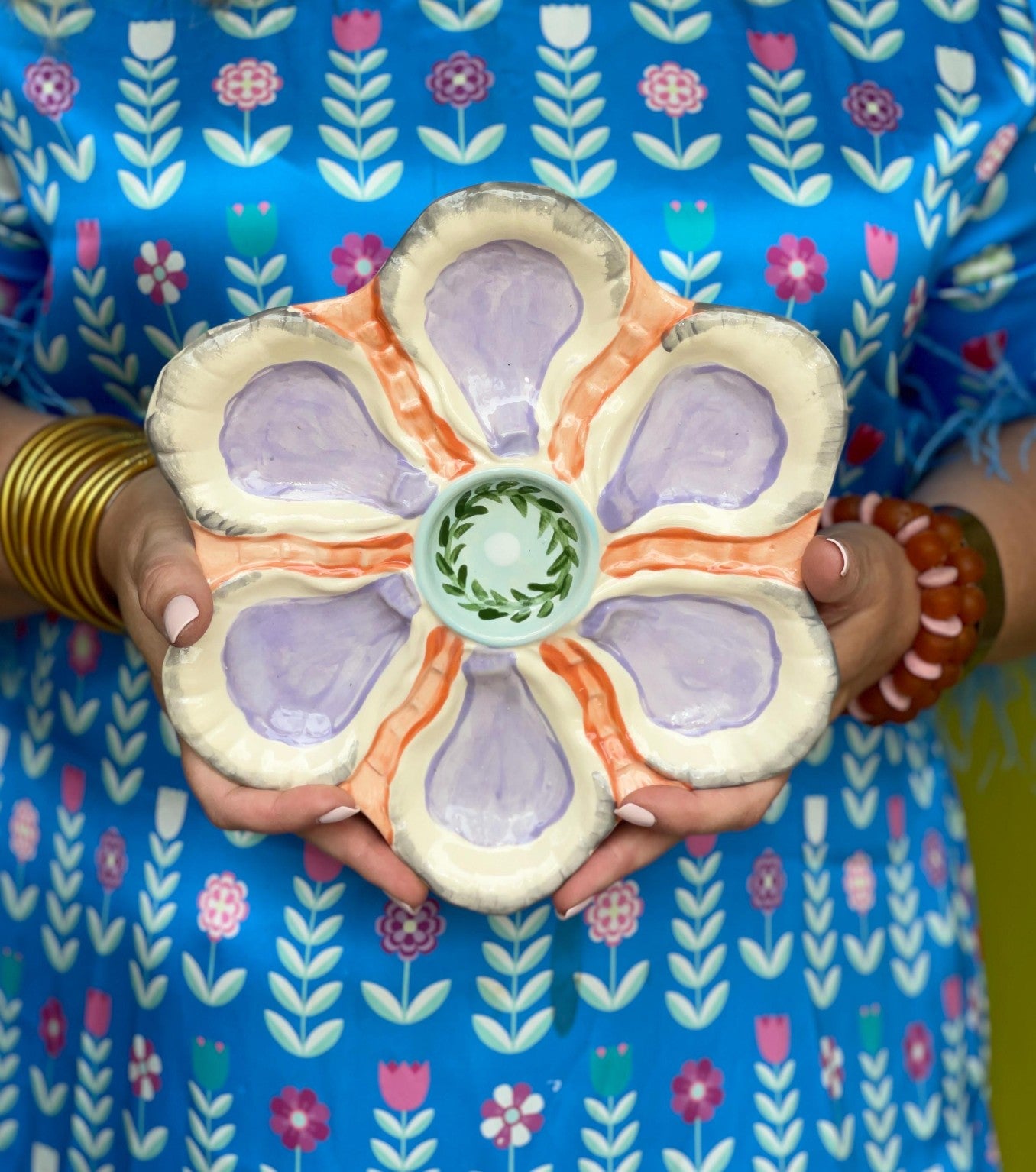 Hand Painted Cast Oyster Plate The Pearl - Lavender and Orange
