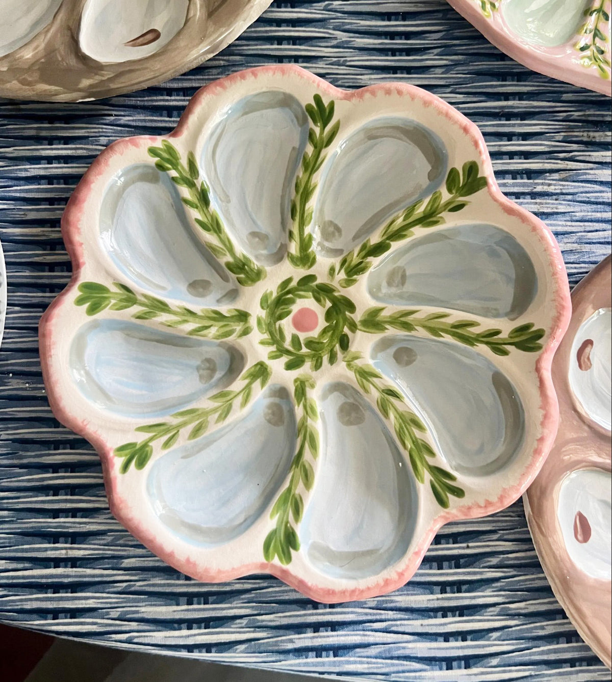 Hand Built Oyster Plate - Salmon and Gray Botanical