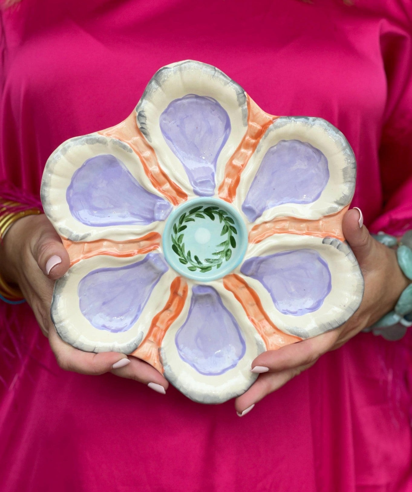 Hand Painted Cast Oyster Plate The Pearl - Lavender and Orange