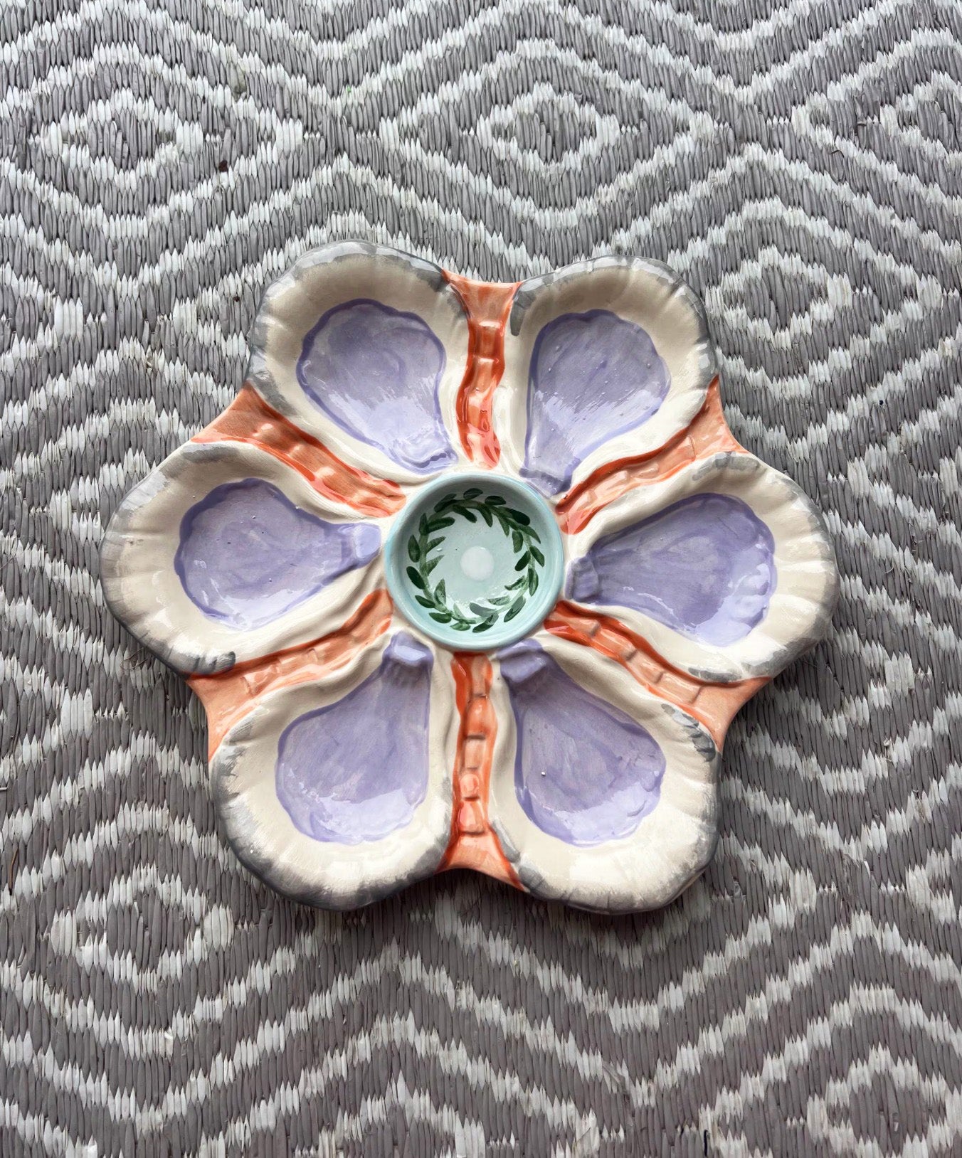 Hand Painted Cast Oyster Plate The Pearl - Lavender and Orange