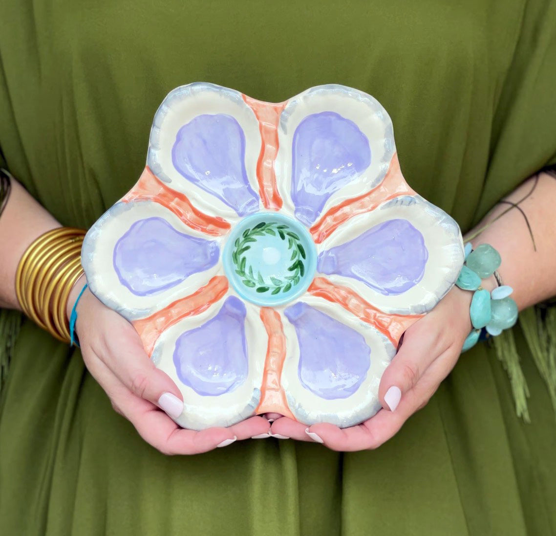Hand Painted Cast Oyster Plate The Pearl - Lavender and Orange