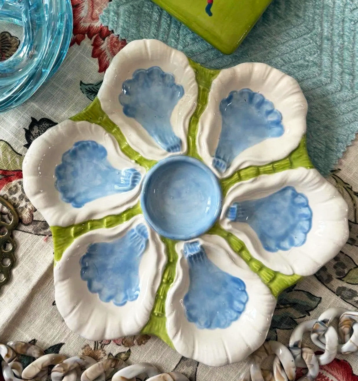 Hand Painted Cast Oyster Plate - Chartreuse and Pale Blue